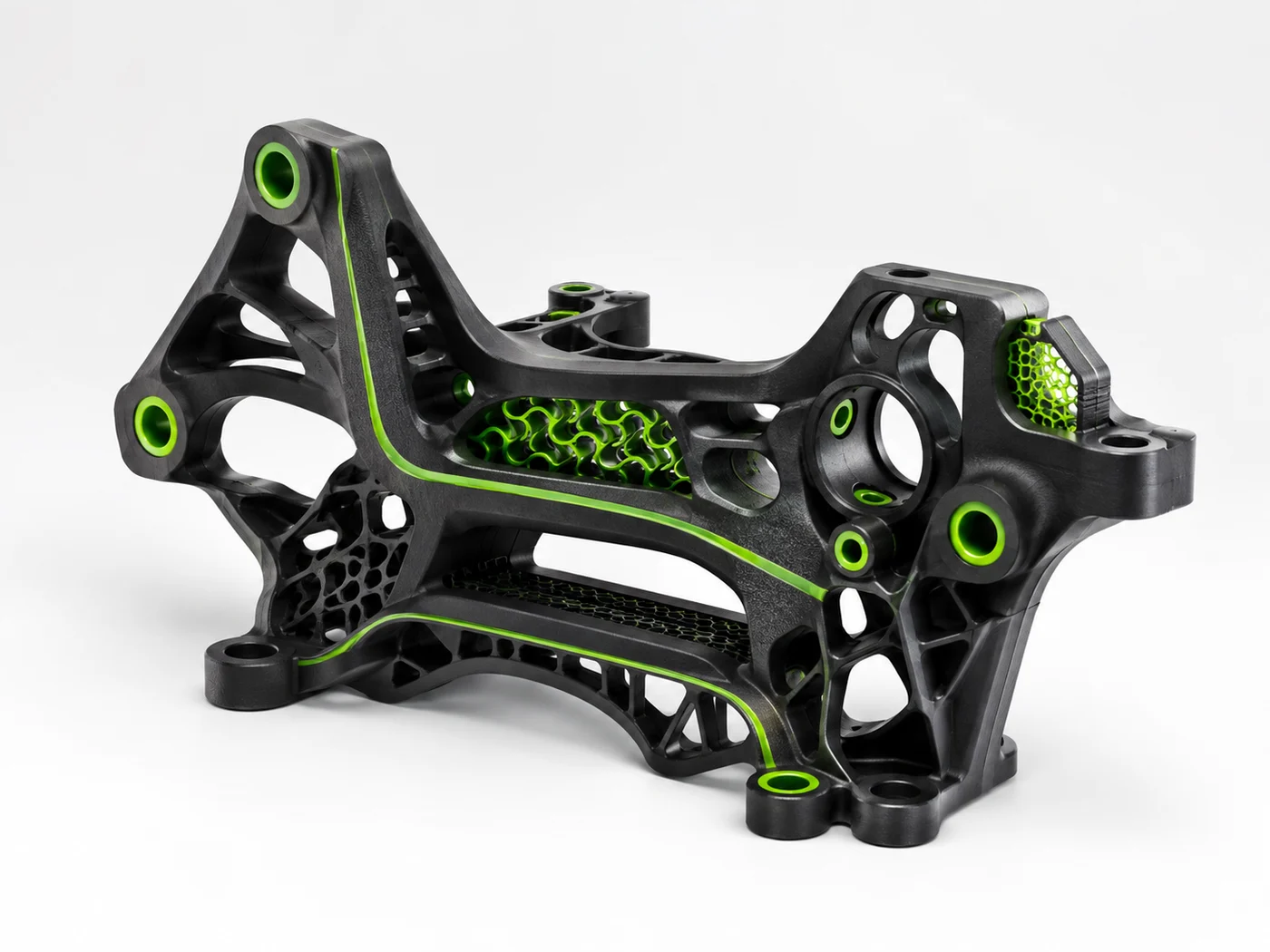 Large technical 3D print made from black material with green details
