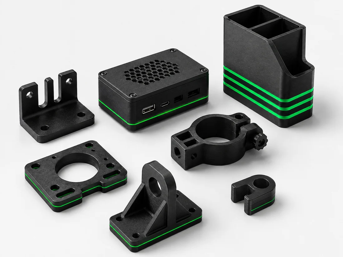 Set of black practical parts made with 3D printing