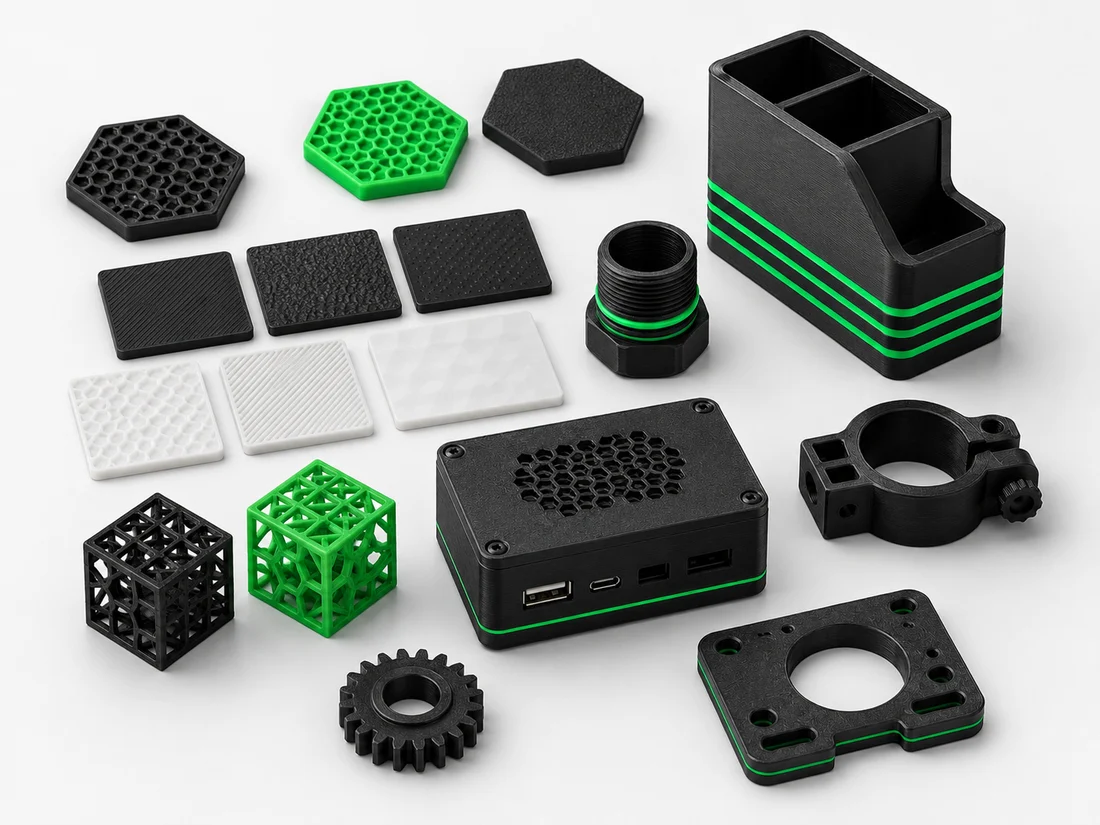 Example materials and parts made with 3D printing