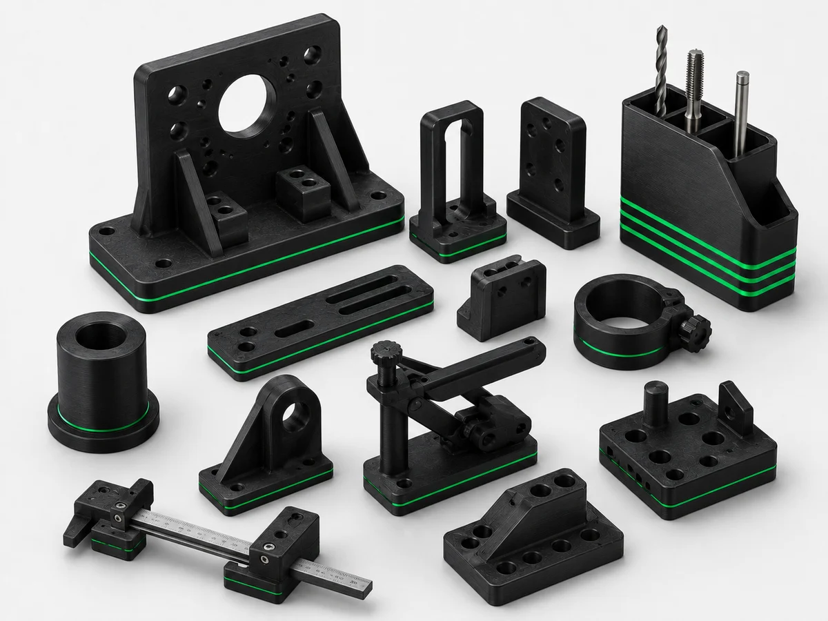 Set of short-run black 3D prints with a green accent